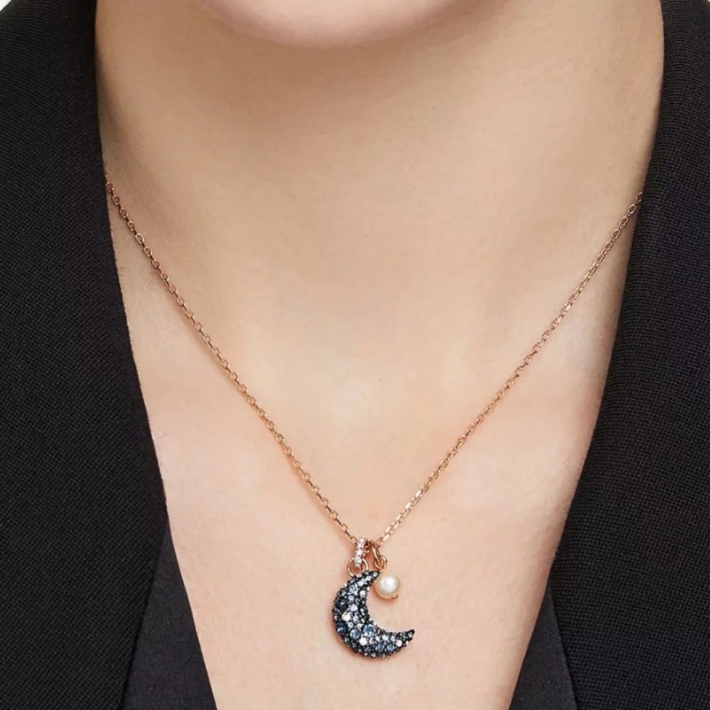 NWT Rose Gold-Tone Crystal Moon & Imitation Pearl Pendant Necklace, 15-3/4" +2 - Picture 5 of 6